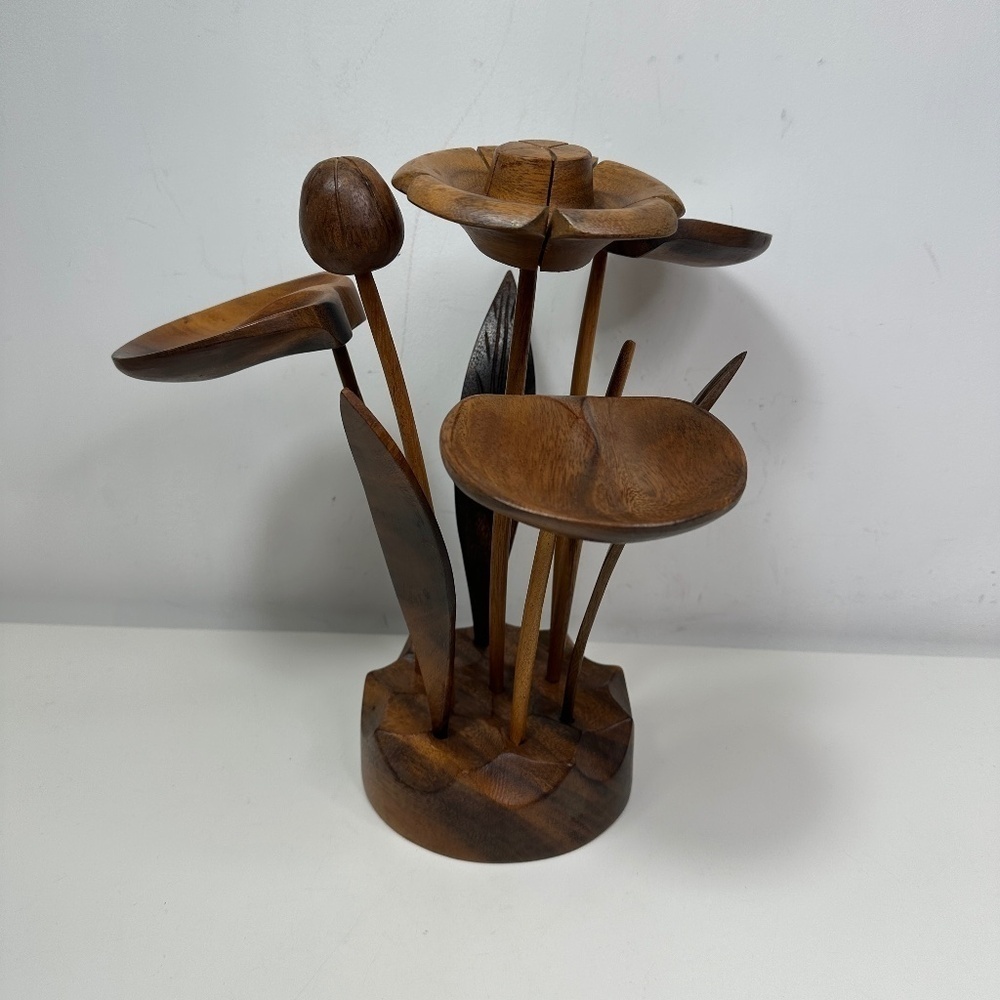 MCM Unique 15-Piece Decorative Carved Wooden 12.5" Tall Floral Leaf Arrangement